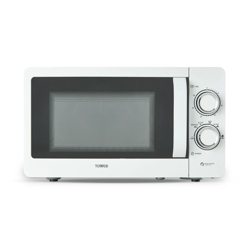 Tower T24042WHT Manual Microwave with Sleek Mirror Door, 800W, 20L, White & Chrome