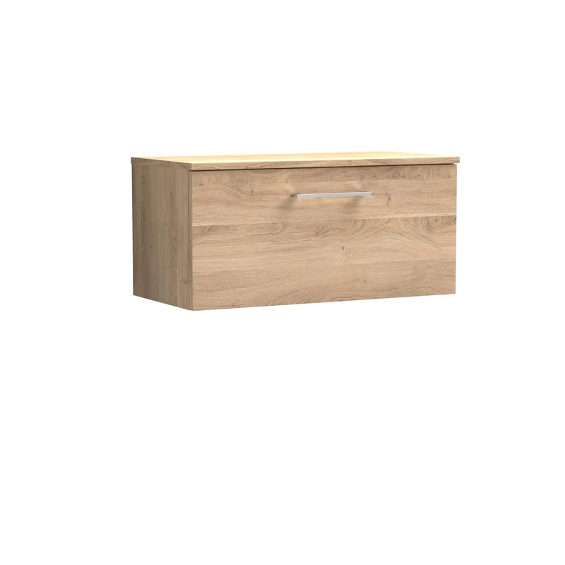 nuie ARN3025W Arno Modern Bathroom Wall Hung 1 Soft Close Drawer Vanity Unit and Colour Coordinating Worktop, 800mm, Bleached Oak Woodgrain