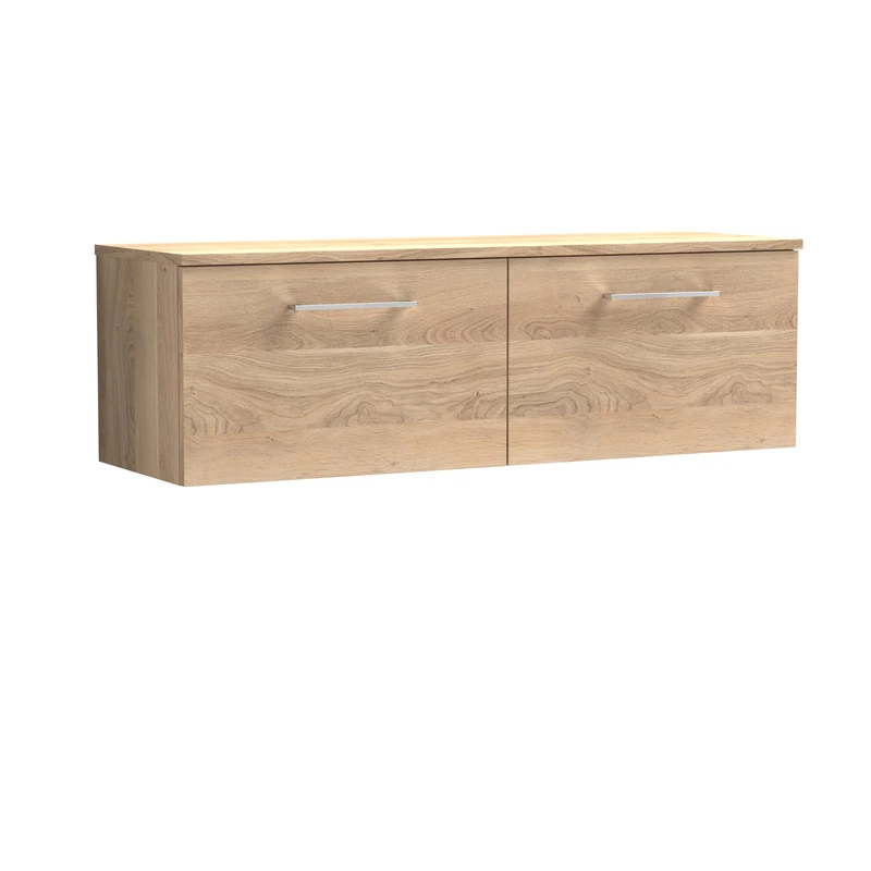 nuie ARN3022W2 Arno Modern Bathroom Wall Hung 2 Soft Close Drawer Vanity Unit and Colour Coordinating Worktop, 1200mm, Bleached Oak Woodgrain