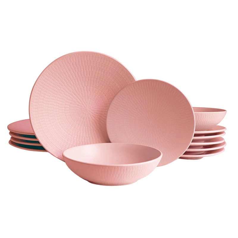 ECHTWERK 18-Piece Vintage Dinner Service Blanka Nature Design for 6 People, Stylish Stoneware Textured Tableware Set with 6 x Dinner Plates, 6 x Side Plates, 6 x Soup Plates, 6 x Soup Bowls, Pink