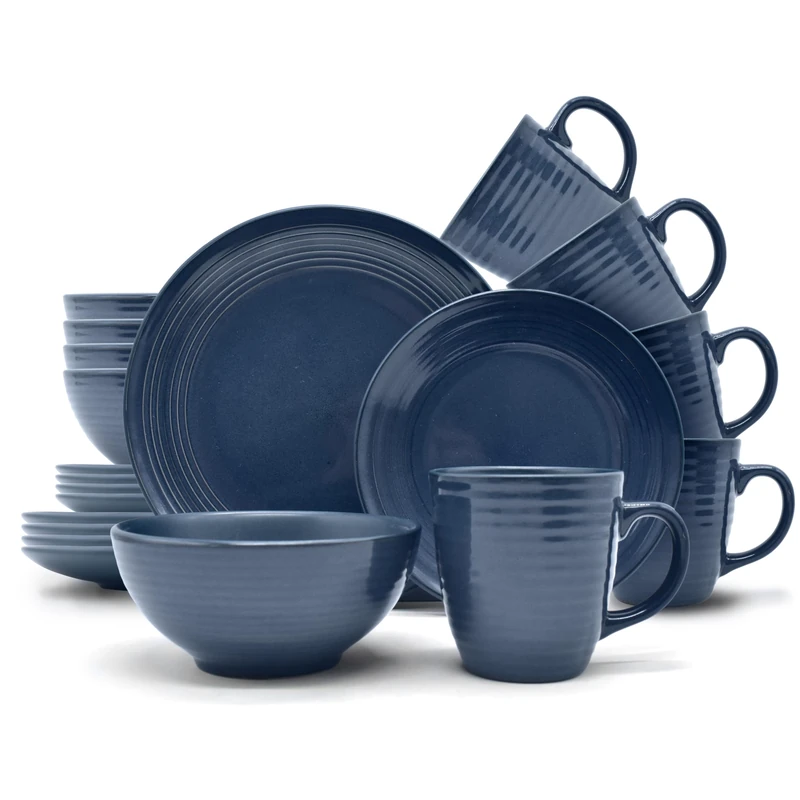 ECHTWERK 16-Piece Vintage Dinner Service Alicia Modern Design for 4 People, Stylish Dark Blue Stoneware Dinner Set with 4 x Dinner Plates, 4 x Side Plates, 4 x Bowls, 4 x Tea Cups