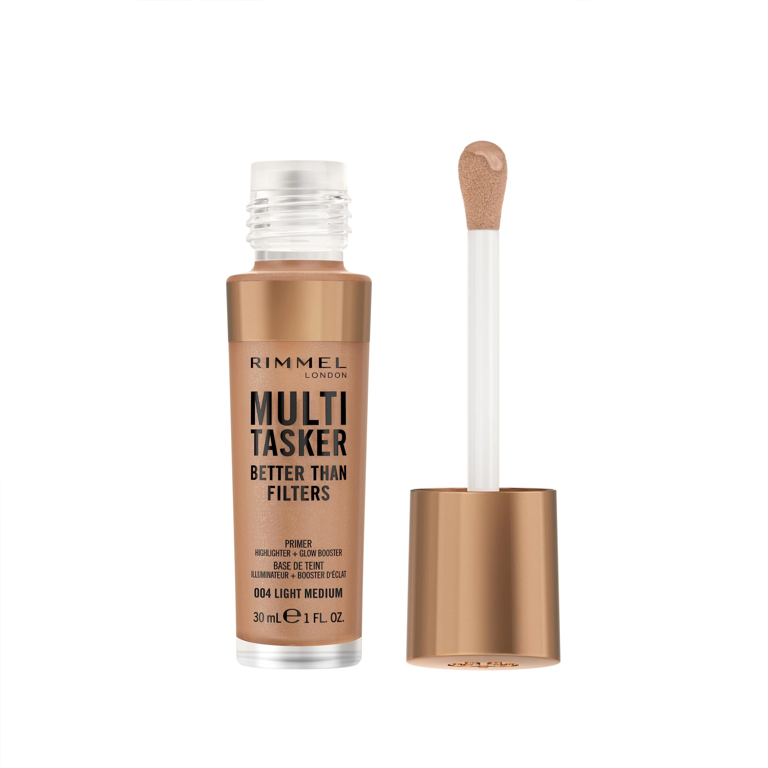 Rimmel Multi Tasker Better Than Filters, 004 Light Medium, 3 in 1 Face Primer, Glow Booster and Highlighter, Flawless Finish, Infused with Vitamin C and E, Maxi Soft Applicator, Vegan, 30ml