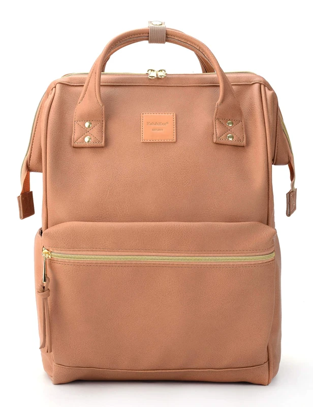 Kah&Kee Leather Laptop Backpack for Women, 15.6-16 Inch Professional Work Bag, Water-Resistant Vegan Leather Doctor Bag Backpack for Teacher, Nurse & Travel, Fits MacBook Pro 16 (Tan Pink,Large)
