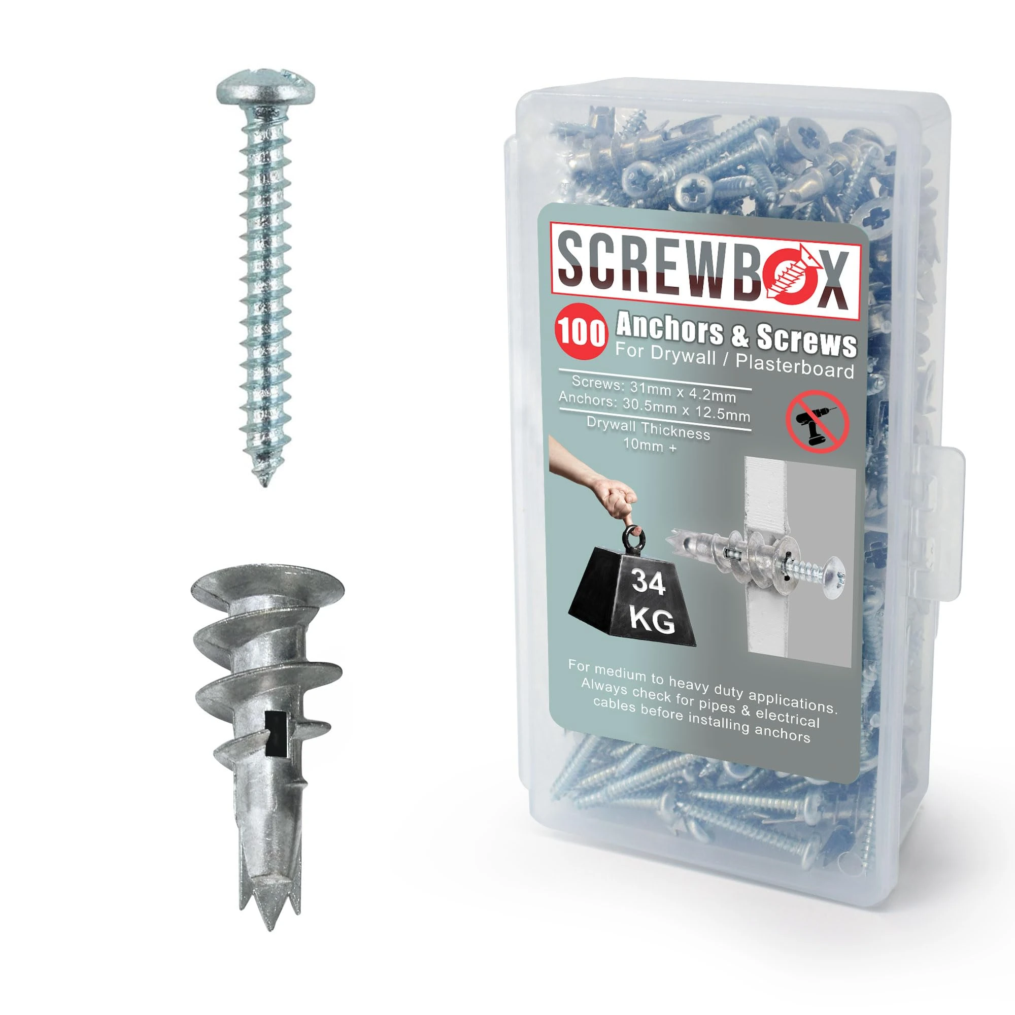 SCREWBOX® Plasterboard Fixings – 100pcs Heavy Duty Drywall Anchors & Screws, Metal Self Drilling Wall Plugs for Strong Grip
