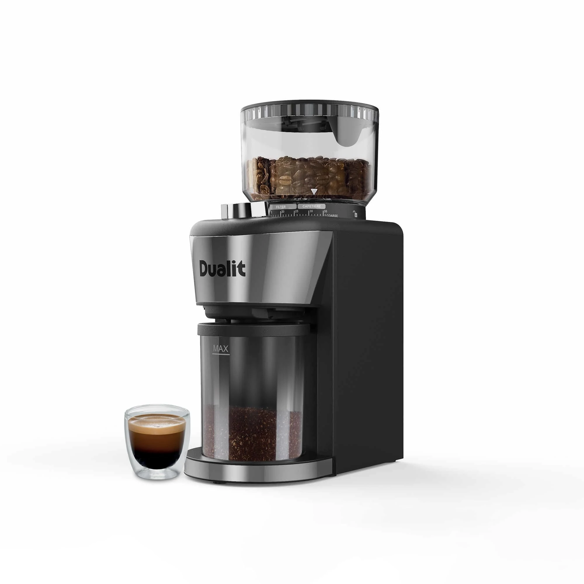 Dualit Burr Coffee Grinder - 35 Grind Settings - Adjustable Portion Control - Removable Stainless Steel Conical Burrs - Easy Cleaning - Safety Protection Program