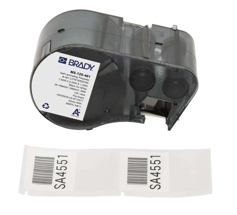 Brady Self-Laminating Polyester Pre-Sized Labels for Label Printer BMP51/BMP53/M511-140 Self Adhesive Printer Labels - Black on White, Transparent (57,15 mm (W) x 38,10 mm (H)) - M5-129-461