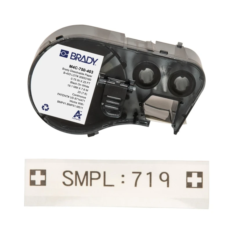Brady Dissolvable Label for Printers M510 & M511 – Water-Soluble Matt White Labels for Temporary Asset, Component & Laboratory Identification, Black on White (19.05mm x 7.62m) – M4C-750-403