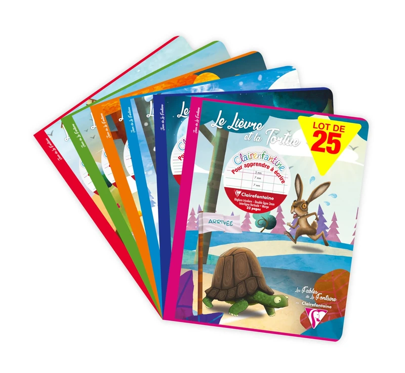 Clairefontaine 36794CPack Pack of 25 Stapled Writing Notebooks "Les Fables de La Fontaine" 17x22 32 Pages Double Line 3mm Vertical Line 90g Random Ast Patterns