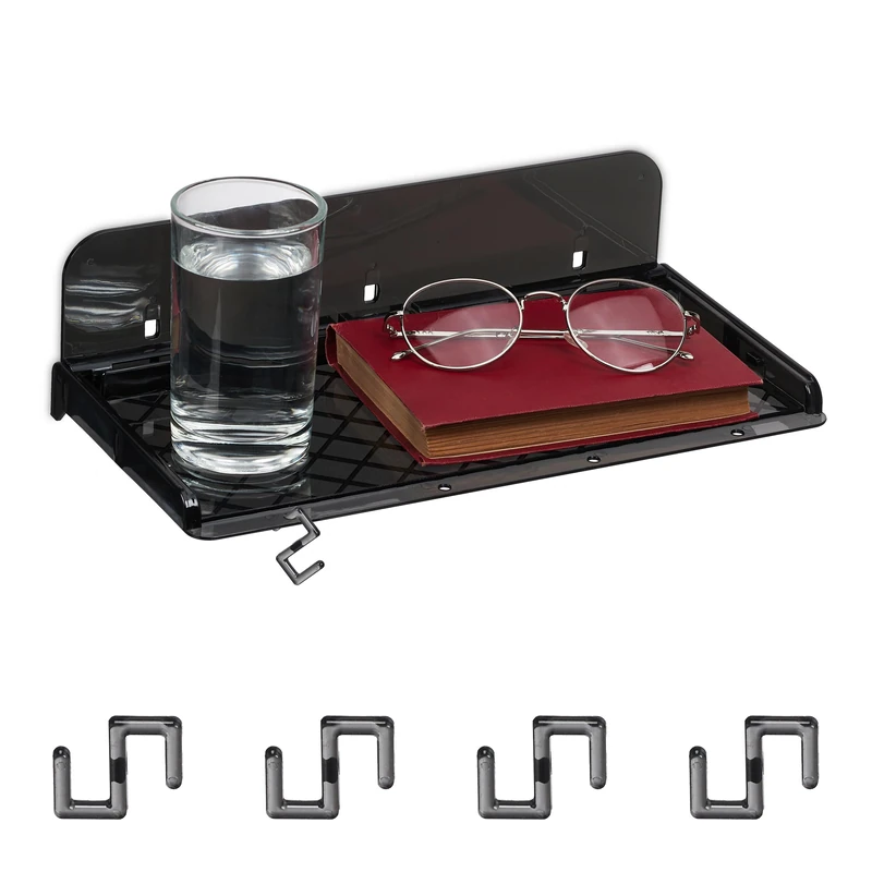 Relaxdays Bedside Table, Hanging, Stick on, Plastic, for Bunk Beds, Plastic, Storage, HxWxD: 8.5 x 30 x 15.5 cm, Black