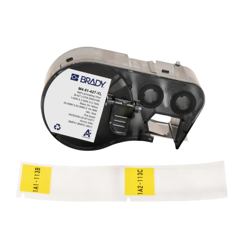 Brady Self-Laminating Vinyl Pre-Sized Labels for Label Printer BMP41/BMP51/BMP53/M511-180 Self Adhesive Printer Labels - Black on Yellow, Transparent (25,40 mm (W) x 63,50 mm (H)) - M4-51-427-YL