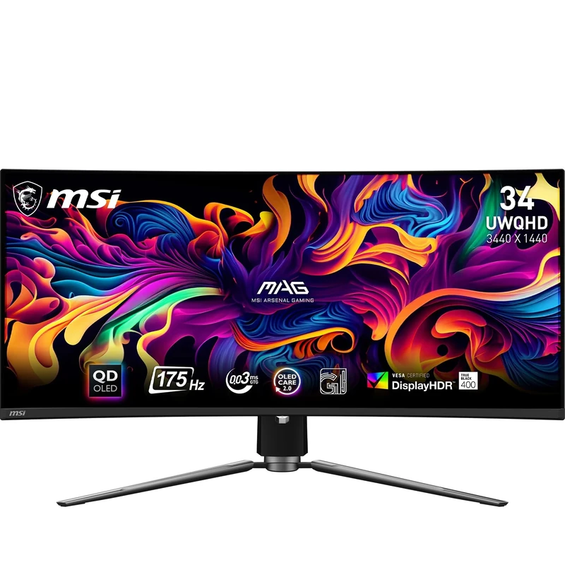 MSI MAG 341CQP QD-OLED 34 Inch UWQHD Curved Gaming Monitor - 1800R, 3440 x 1440 Quantum Dot OLED Panel, 175Hz / 0.03ms, 99% DCI-P3, ΔE≤2, DisplayHDR True Black 400, KVM - DP 1.4a, HDMI 2.1, USB Type-C