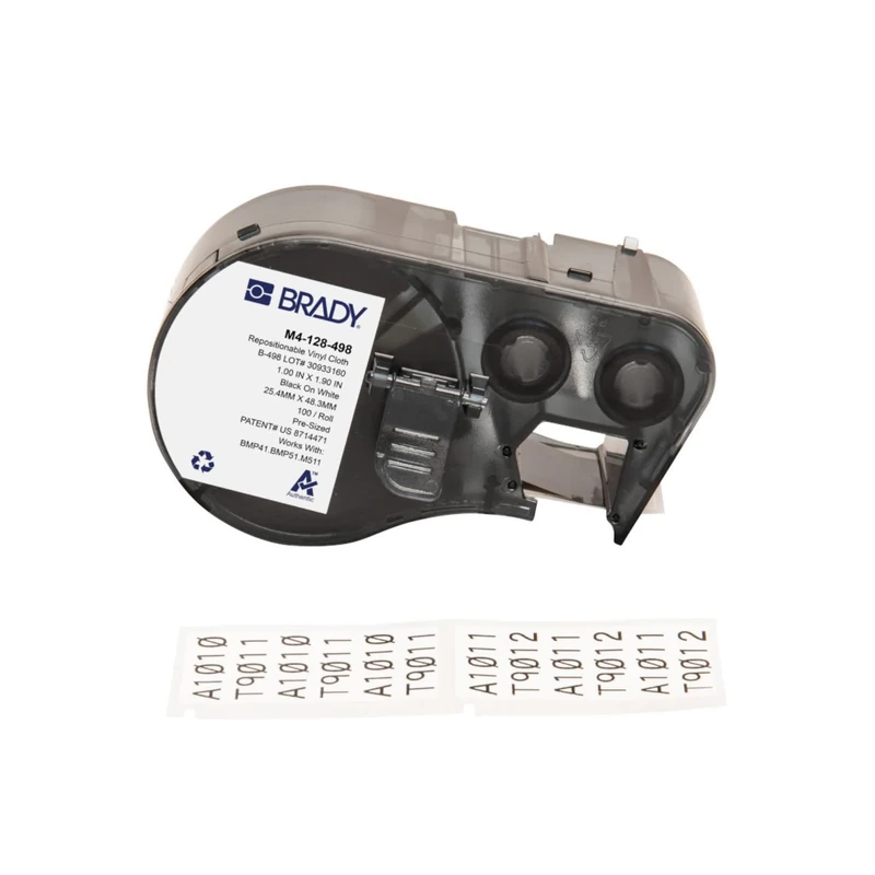 Brady Repositionable Vinyl Cloth Pre-Sized Labels for Label Printer M410 & M510-100 Self Adhesive Vinyl Printer Labels - Black on White (48.26 mm x 25.40 mm) - M4-128-498