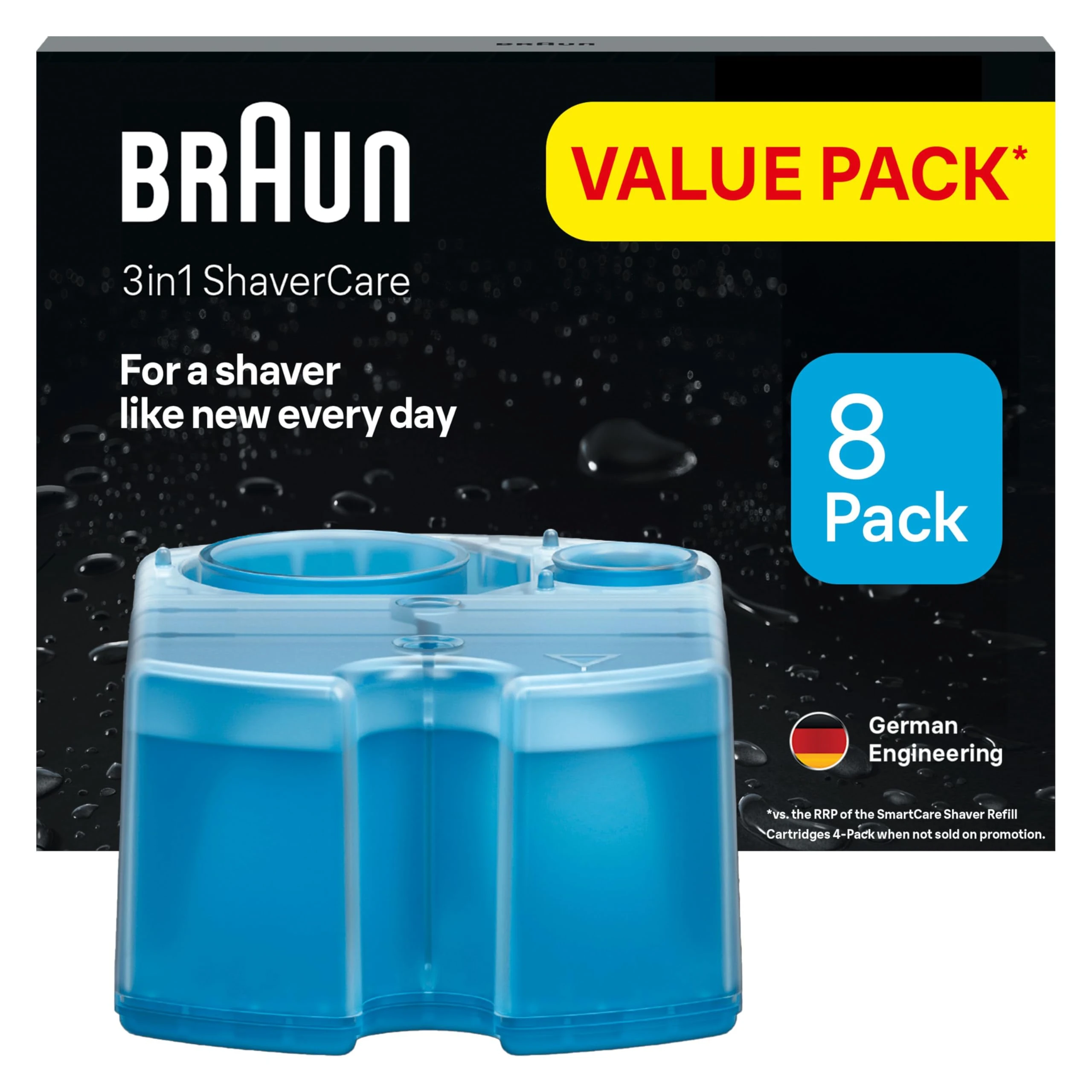 Braun 3in1 ORIGINAL Shaver Care SmartCare centre Refill Cartridges, Cleans 10x Better Than Water, 3in1 Formula With Lemon Fresh Scent, Hygienic Cleaning To Remove Hair & Skin Particles, 8 Pack