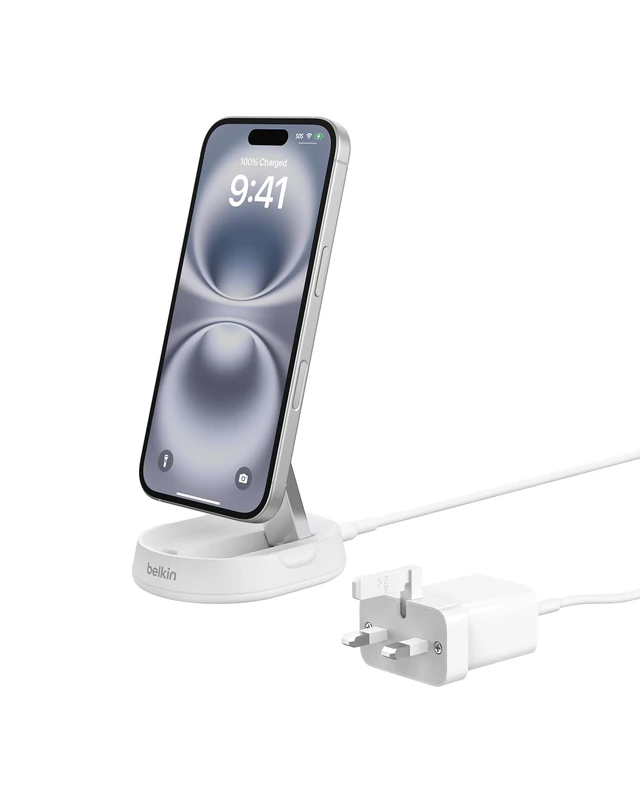 Belkin BoostCharge Pro 15W convertible magnetic wireless charging stand, MagSafe compatible fast Qi2 wireless charger, fast charger for iPhone 17/16/15, Air, AirPods, PixelSnap, 20W plug incl. - White