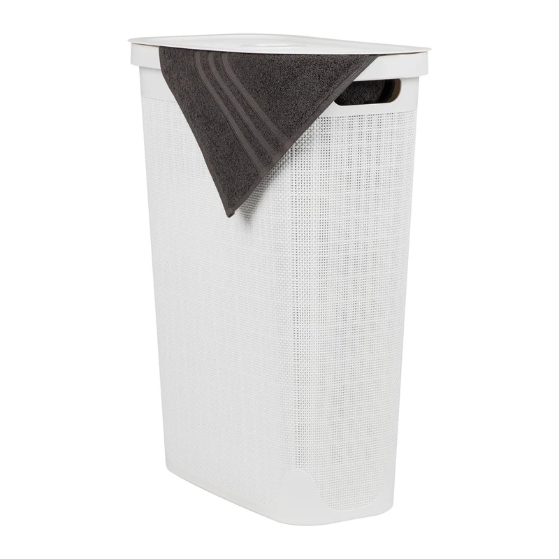 Mind Reader 40L Slim Laundry Hamper, Clothes Basket, Lid, Linen Design, Plastic, 18.5”L x 10.75”W x 23.5”H, White