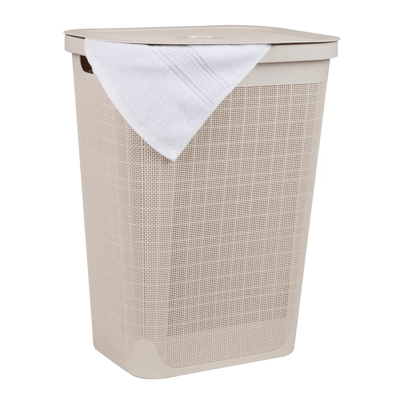Mind Reader 60L Slim Laundry Hamper, Clothes Basket, Lid, Linen Design, Plastic, 18.25”L x 14.25”W x 23.5”H, Ivory