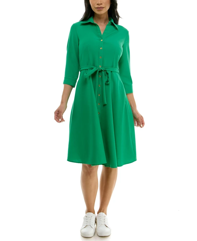 SHARAGANO Women's Button Front Pleated Shirt Casual Dress, Lily Pad, 14