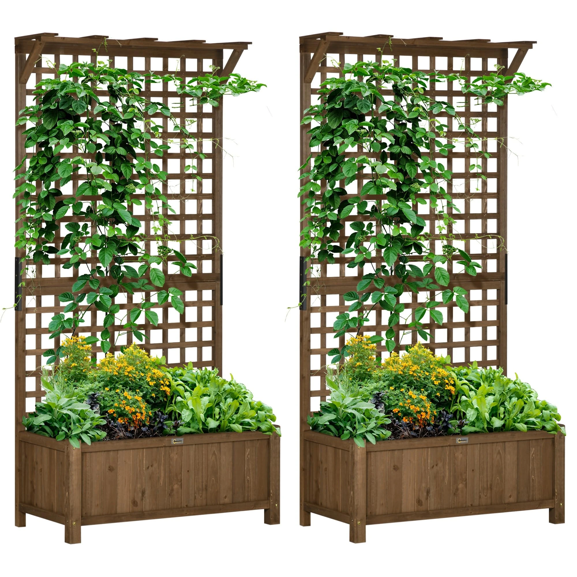 Outsunny 2 Pieces Wood Planter with Trellis for Climbing Plants, Raised Bed, Planter Box with Drainage Holes to Grow Vegetables, Herbs and Flowers for Garden, Patio, Yard, Brown