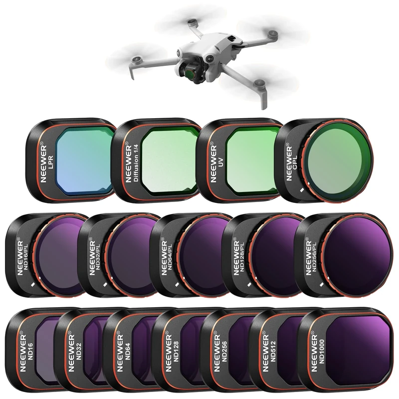 NEEWER ND & CPL & Effect Filter Set Compatible with DJI Mini 4 Pro, 16 Pack HD ND16 ND32 ND64 ND128 ND256 ND512 ND1000 ND16/PL ND32/PL ND64/PL ND128/PL ND256/PL, UV, CPL, LPR, Black Diffusion 1/4