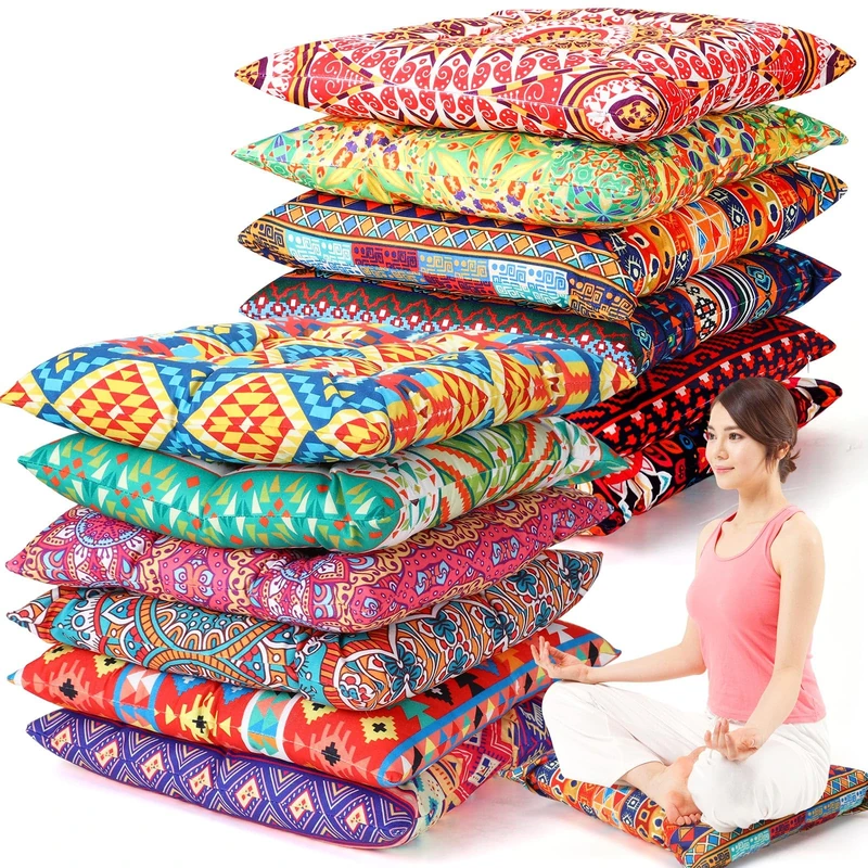 Nuogo 12 Pcs Bohemian Floor Cushions Bulk 15 Inch Boho Floor Sitting Pillows Yoga Mandala Meditation Pouf for Living Room Balcony Office Tatami(Square)
