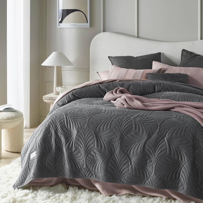 ROOM99 Feel Elegant Velvet Bedspread - Dark Grey, 240 x 260 cm, Versatile for Bed and Sofa
