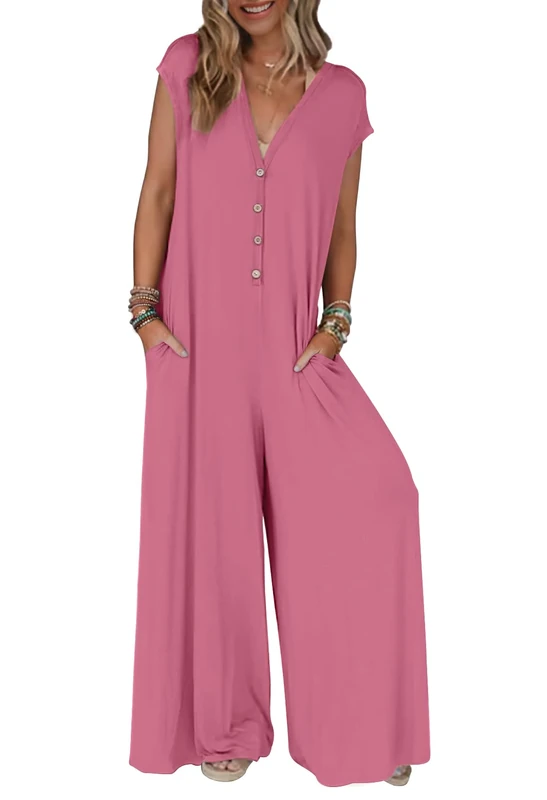 Merokeety Women's 2024 Summer Cap Sleeve Jumpsuits Deep V Neck Button Onesie Wide Leg Pants Rompers, Dustypink, Medium - Image 1