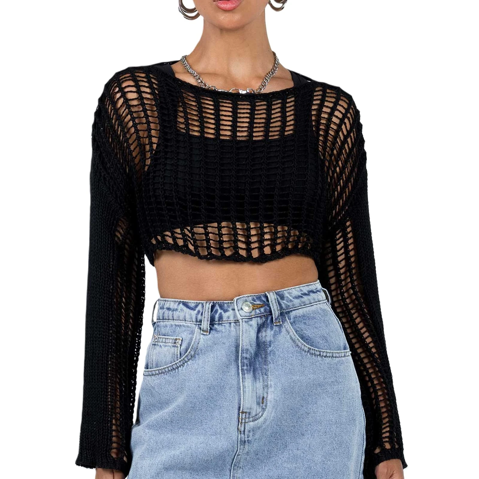 Women Crochet Cover up Y2k Long Sleeve Round Neck Hollow Out Knit Fishnet Crop Top Beach Bikini Shirts (B-Black, M)