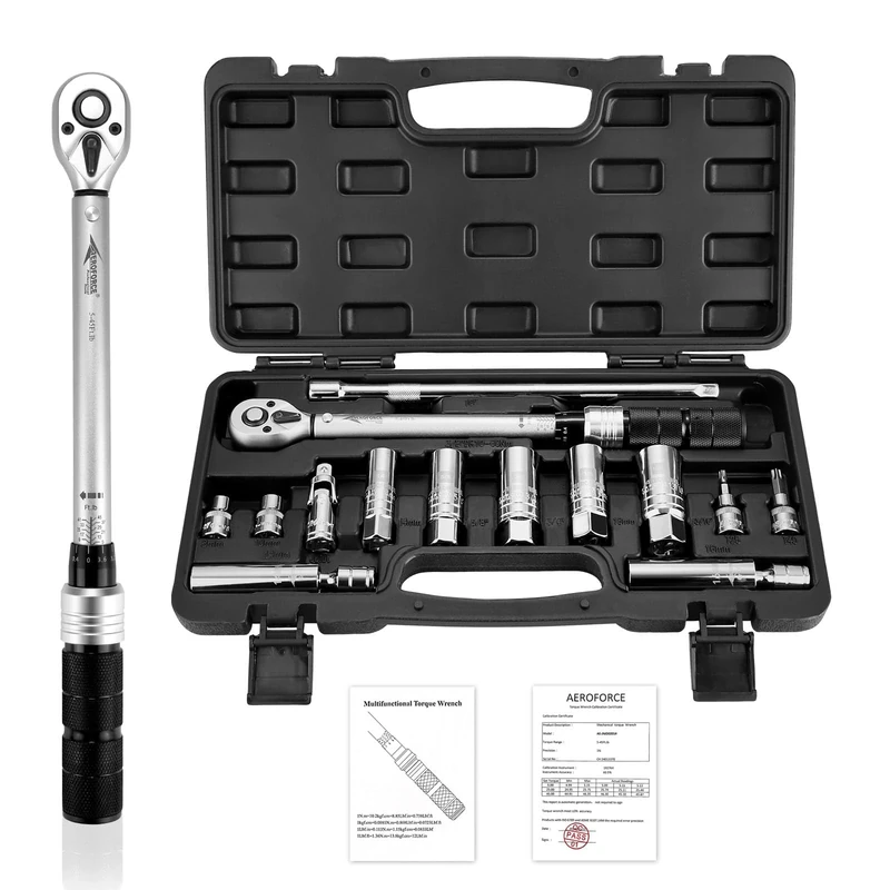 AEROFORCE 14Pcs Spark Plug Socket Set with 3/8 Inch Drive Click Cr-V Steel Torque Wrench（5-45 Lb.ft/6.8-61.2 Nm）