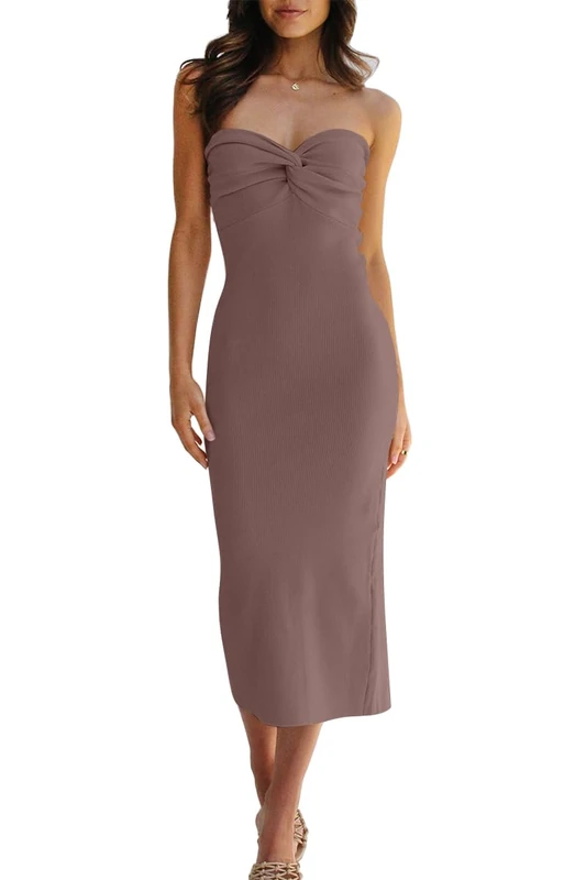 LILLUSORY Knitted Dresses Twisted Front Bodycon Dress with Back Slit, Nutmeg, M - Image 1