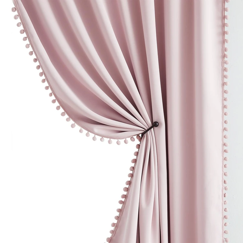 Pink Blackout-Curtains for Bedroom Pom Pom Thermal Insulated 100% Full Blackout Curtain Panels for Girls Baby Nursery Room 90 inch Energy Efficient Window Drapes for Kids 52" w x2 Panels Rod Pocket