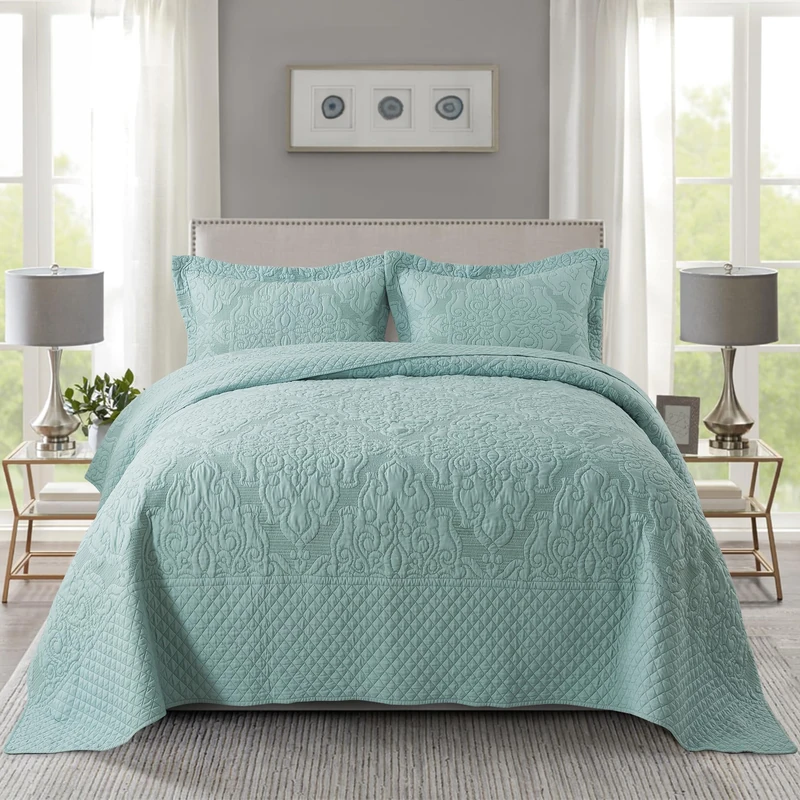 NEWLAKE Quilt Bedspread Set, Light Green Jacquard Embossed Floral Pattern Reversible Embroidered Microfiber Coverlet Sets, Queen Size