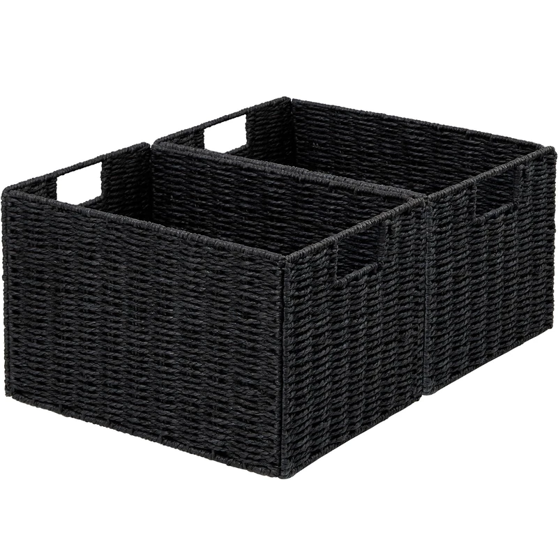 Vagusicc Wicker Storage Basket, Set of 2 Hand-Woven Paper Rope Wicker Basket, Small Storage Baskets for Organizing Toilet Paper Baskets, Foldable Large Cube Storage Organizer Bin for Shelves (Black)