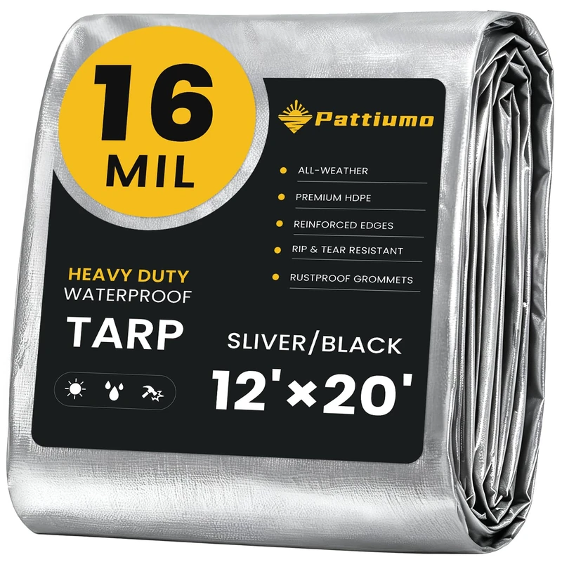 Pattiumo Tarps Waterproof 12' X 20' Heavy Duty Tarp Extra Thick 16 Mil Large Plastic Tarp with Grommets Multipurpose Protective Poly Tarp Outdoor for Roof, Camping, Patio, Pool, Boat, Car|Silver/Black