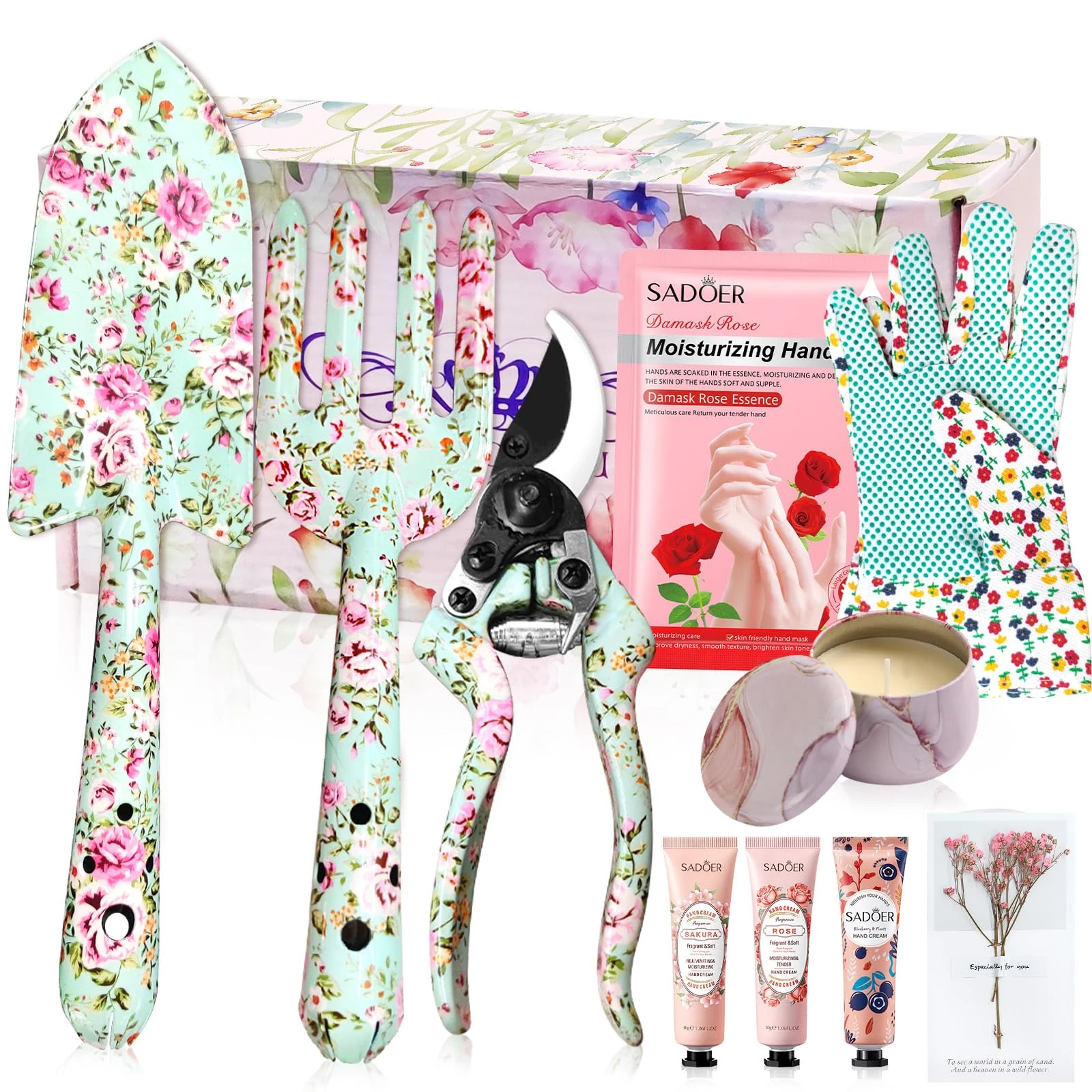 Garden Gifts For Women,10 Pcs Garden Tools Set Floral Print and Beautiful Gift Box,Candles Gloves,3Hand Cream, Birthday Mum Gifts for 50Th 60Th 70Th, Retirement, Christmas, Mothers Day
