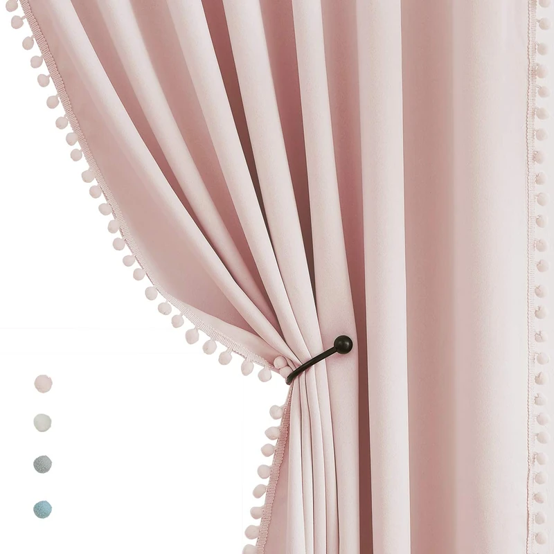 Treatmentex Pompom Blackout Curtains for Bedroom Pink Girls 90 inch Energy Efficient Thermal Insulated Living Room Darkening Curtain Panels for Kitchen Nursery Room 52"" w x2 Panels Rod Pocket