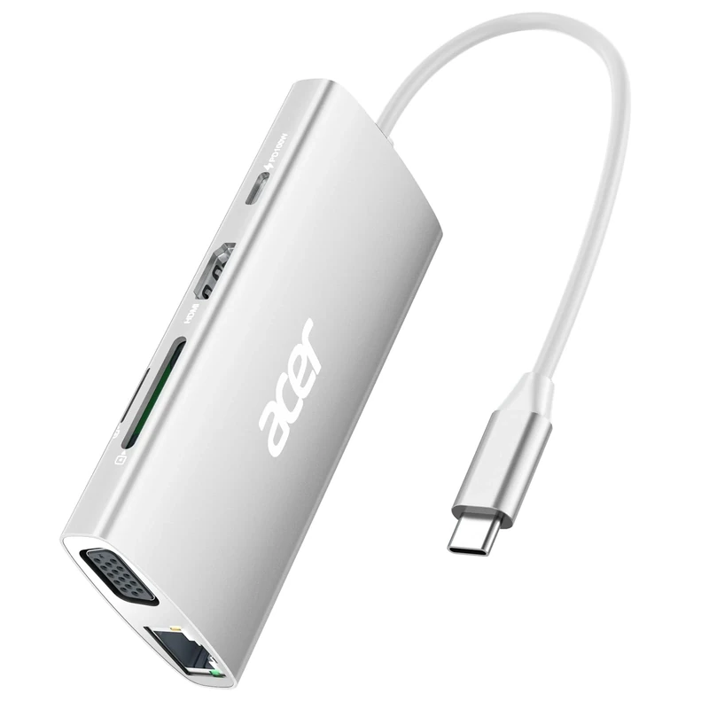 Acer USB C Hub with 4K@30Hz HDMI, 9-in-1 USBC to Ethernet Adapter, 5Gbps USB-A Docking Station, PD 100W Charging, SD Card Reader, VGA Splitter for MacBook, Acer, Laptops, Surface (Silver)