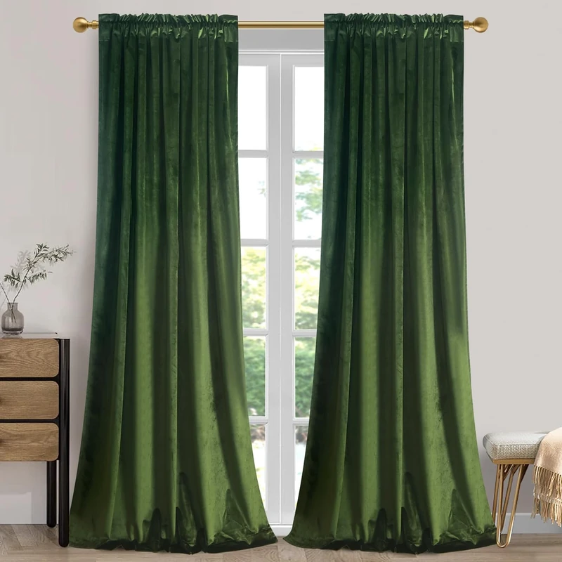 Roslynwood, Moss Green Velvet Blackout Curtains Window Treatments Super Soft Luxury Curtains Bedroom Thermal Insulated Rod Pocket for Living Room (2 Panels, 52x120 inch)
