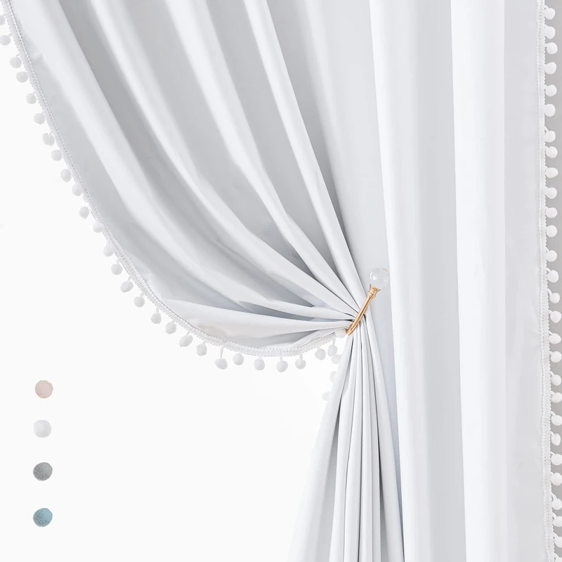 Treatmentex White Blackout Curtains for Living Room Bedroom 90inch Long Pom Pom Curtain Panels for Windows Thermal Insulated Curtains for Kids Nursery Room Rod Pocket 52" W x 2pcs