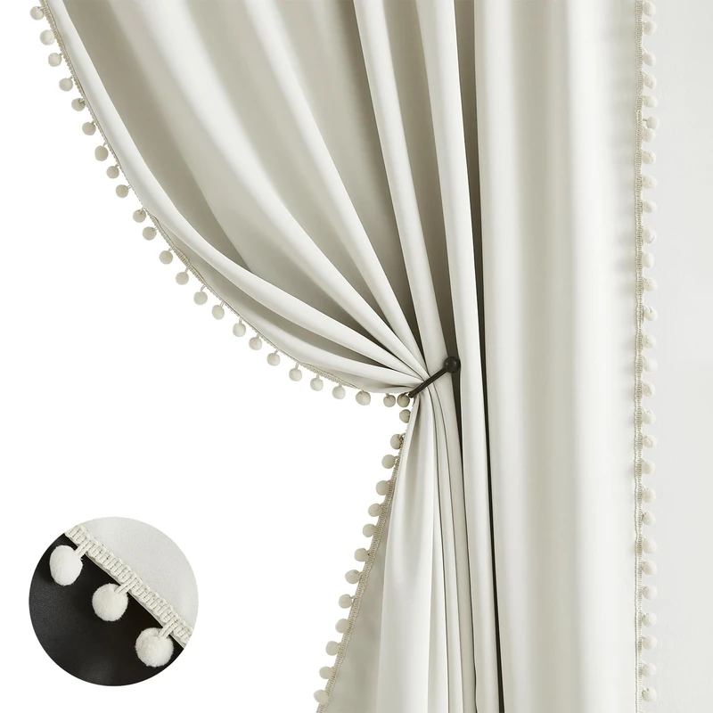 Treatmentex Natural Blackout Curtains for Bedroom Living Room 90inch Long Iovry/Beige Pom Pom Curtain Panels for Windows Thermal Insulated Curtains for Kids Nursery Room Rod Pocket 52"" W x 2pcs