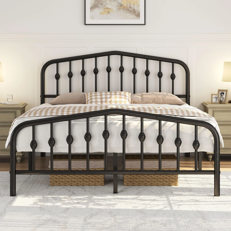 Yaheetech 5ft King Bed Frames Slatted Metal Bed with Crown-inspired Design Headboard/Spacious Under-bed Storage Black