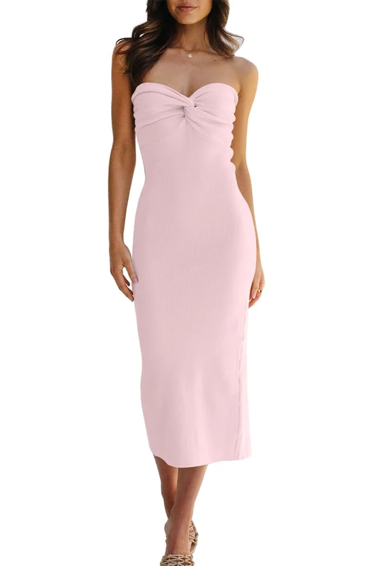 LILLUSORY Knitted Dresses Twisted Front Bodycon Dress with Back Slit, Light Pink, L