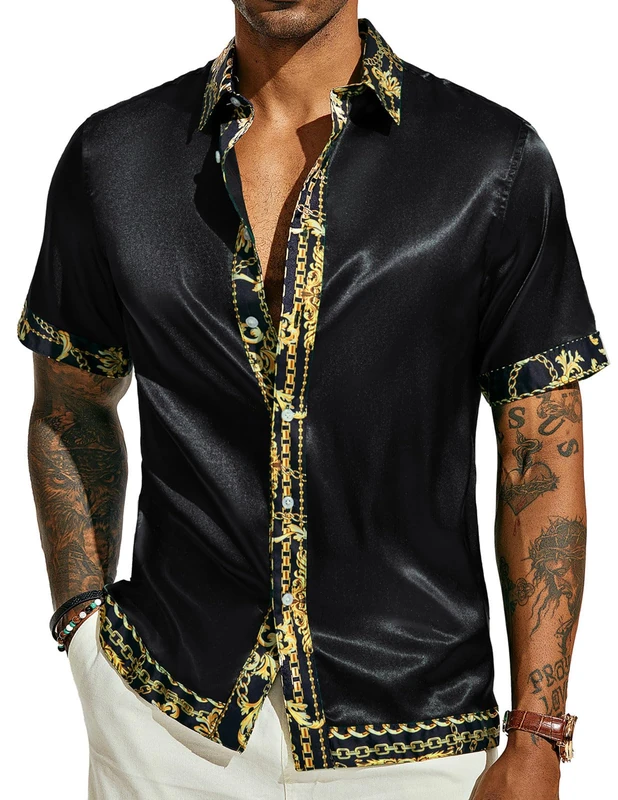 PJ PAUL JONES Mens Short Sleeve Button Down Shirts Casual Stretch Satin Silk Hawaiian Beach Shirt, Black, Medium