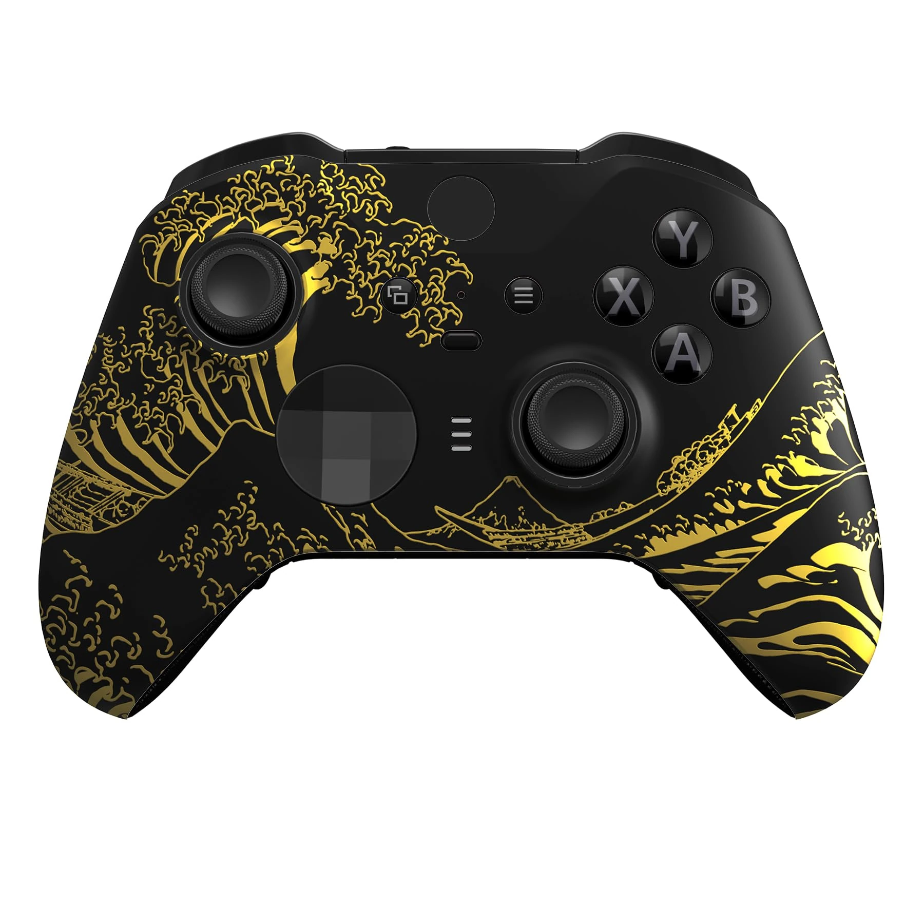 eXtremeRate The Great GOLDEN Wave Off Kanagawa - Black Faceplate Cover, Front Housing Shell Replacement Kit for Xbox One Elite Series 2, Xbox Elite 2 Core Controller Model 1797 - Accent Rings Included