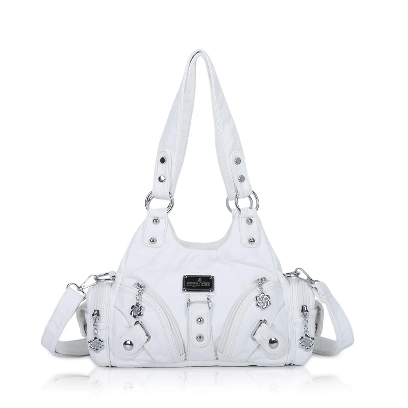 Angel Kiss Purses for Women Small Hobo Shoulder Bags Vagen Leather Multi-Pocket Tote Bag with Zipper, White