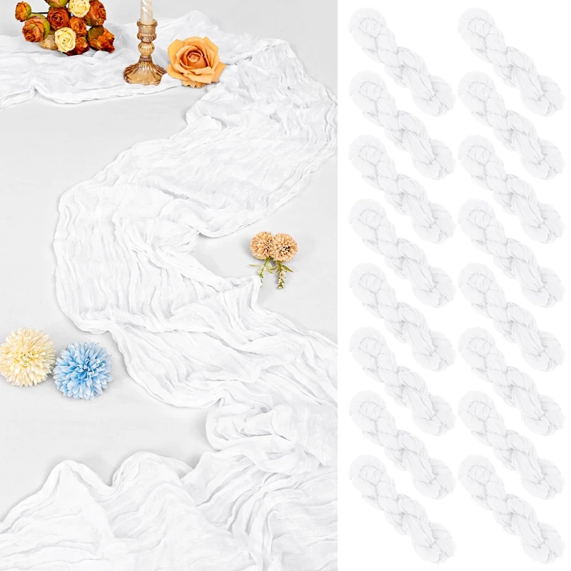 16 Pack 10Ft Cheesecloth Table Runner White, 20 x 120 Inch Rustic Gauze Boho Cheese Cloth Table Runners Wedding Long Table Runner for Wedding Party Bridal Shower Table Decoration