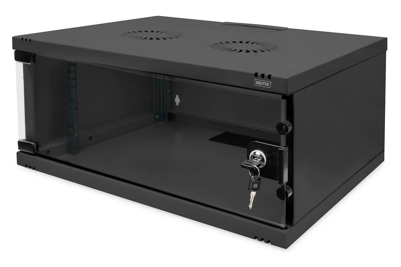 DIGITUS network cabinet - 19-inch rack 4 U - Unassembled - Wall mounting - 400 mm depth - Load capacity 60 kg - Glass door - SOHO series - Black