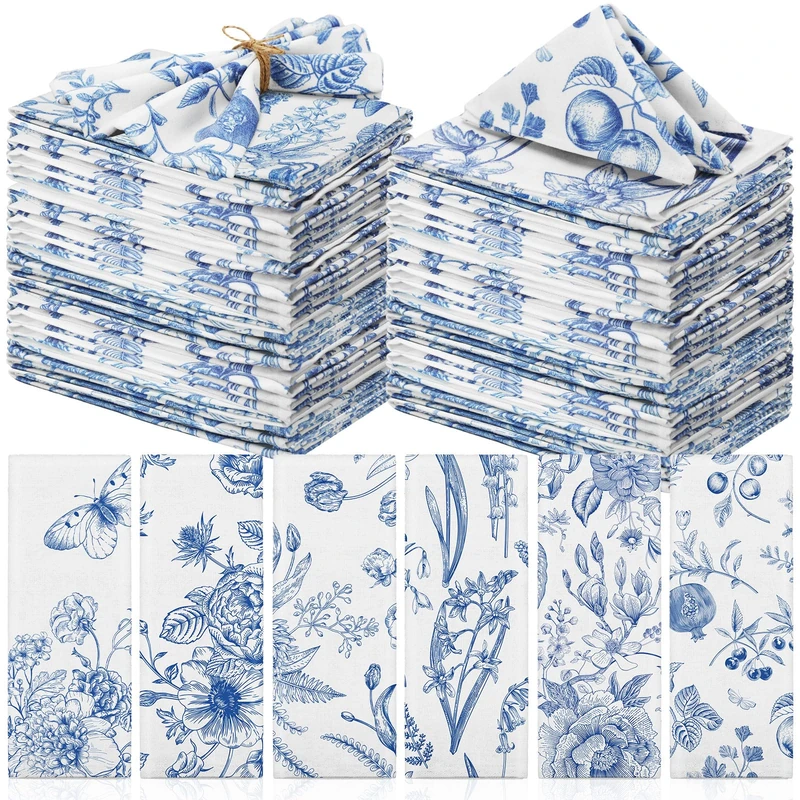 VitalCozy 48 Pcs Cloth Napkins Plants Butterfly Soft Reusable Napkin Country French Cotton Dinner Napkins Absorbent Decorative Washable Napkins for Spring Summer Fall Xmas Party (Blue White Flower)