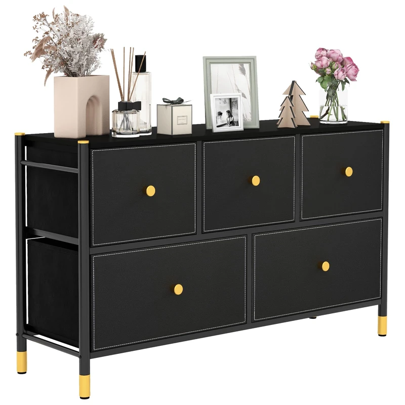 COSTWAY Fabric Chest of Drawers, Engineered Wood, Black, 5 Schubladen