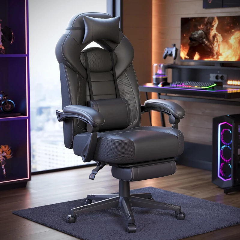 SONGMICS Gaming Chair, Office Racing Chair with Footrest, Desk Chair, Ergonomic Design, Adjustable Headrest, Lumbar Support, 150 kg Load Capacity, Black OBG077B11