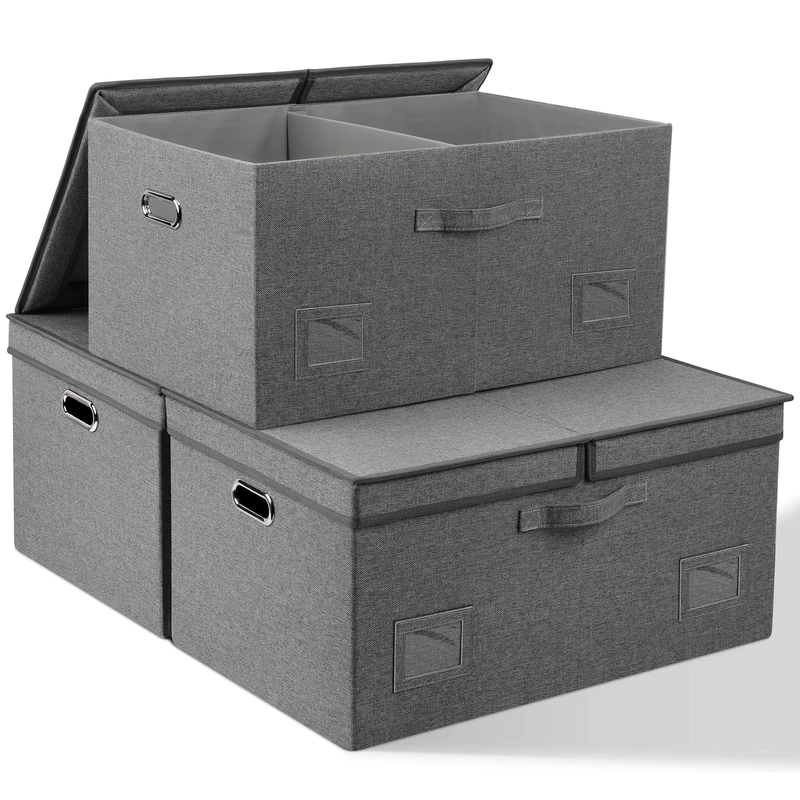Graciadeco 75 Quarts Extra Large Decorative Storage Bins with Lids, 3 Packs Gray Collapsible Storage Bins with Lids, Stackable Storage Bins Decorative Box Storage With Lid Extra Large